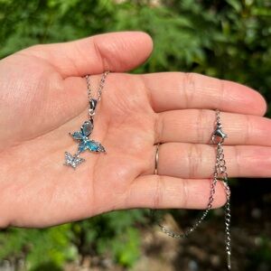 18K White Gold Plated Stainless Steel Light Blue Diamond Butterfly Necklace